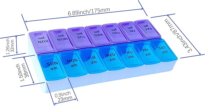 Weekly (14-Day) AM/PM Pill Organizer, 2 Times a Day Pill Case and Planner, Portable Vitamin Containers, Medicine Pill Box(Blue-Purple)