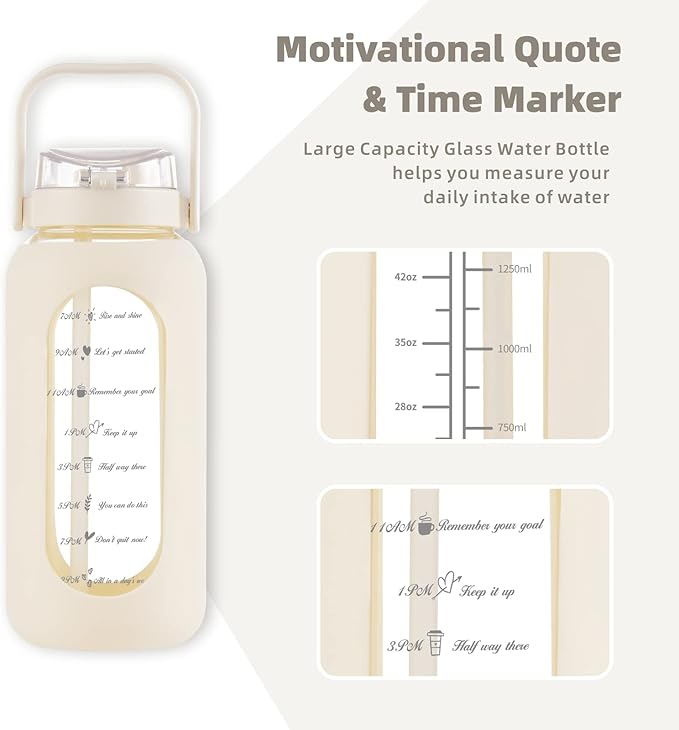 Glass Water Bottle with Straw and Handle Lid Half Gallon Motivational Glass Bottle with Silicone Sleeve and Time Marker Large Reusable Sports Water Jug for Gym Home Workout
