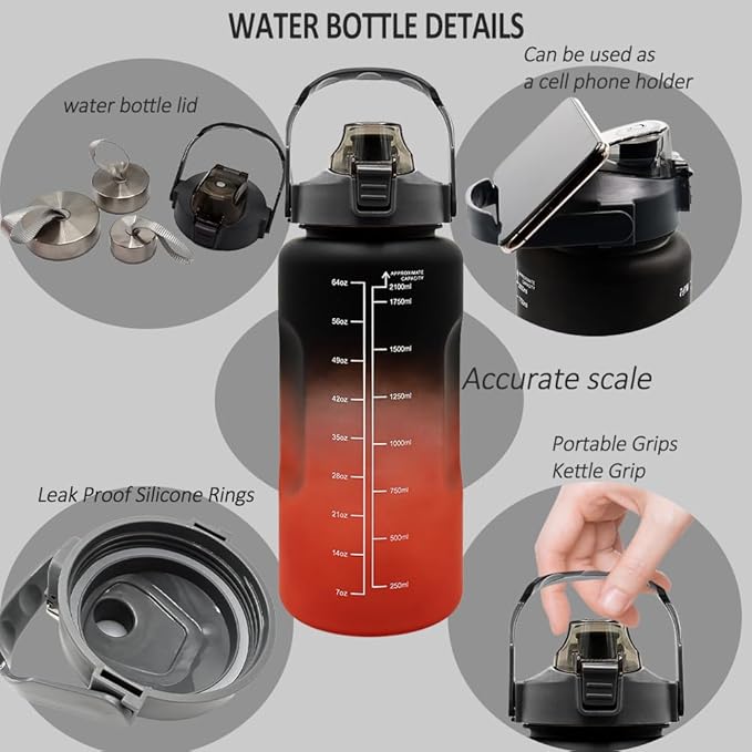 4pcs Water Bottle Set,64oz+28oz+14oz+9oz Large Capacity Sports Fitness Water Bottle,Leak Proof,Straw Inspirational Water Bottle,For Family Camping Outdoor(4pcs Black red)