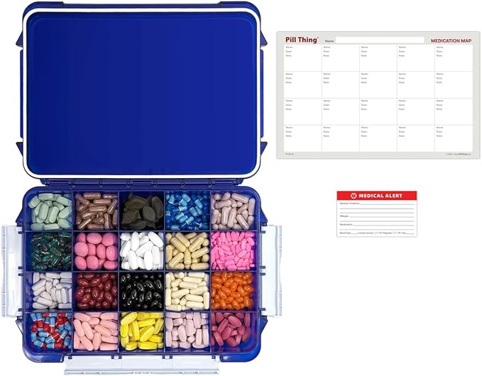 20 Compartment UV Protected Large Cobalt Blue Pill Case with Airtight Seal, Spill Proof, Silicone Gasket Waterproof Med Box with Medication Map (Cobalt Blue, 20 Compartment - 1 Pack)