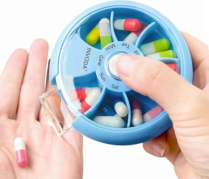 8PCS INVODA Weekly Pill Organizer 7 Compartment Rotating Pill Box for Daily Medication & Vitamins - Portable Travel Pill Case Fish Oil Supplements Vitamins Organizer