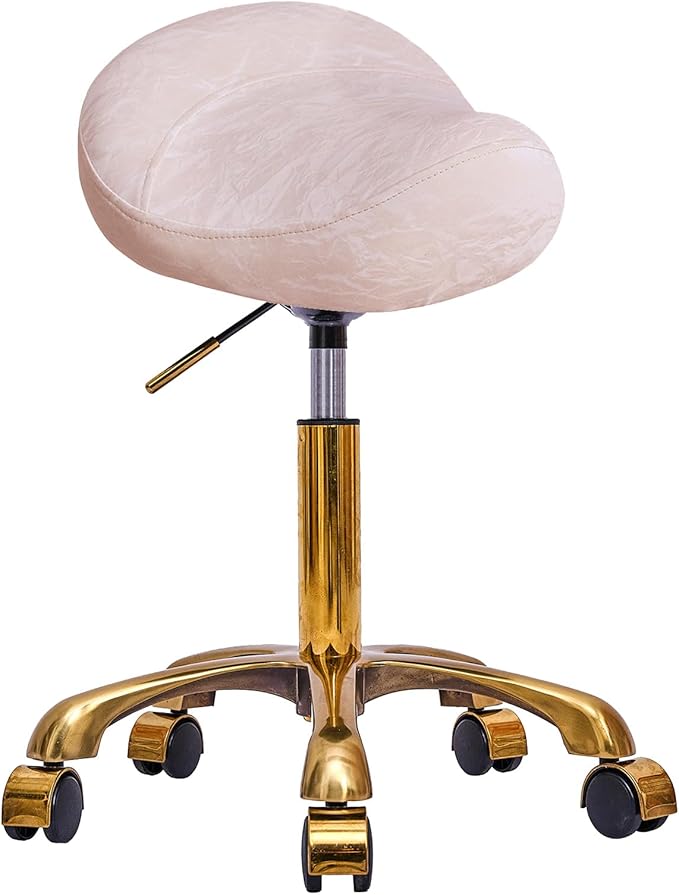 Saddle Stool Gold Rolling Stool with Wheels, PU Leather Roller Vanity Chair, Height Adjustable Swivel Saddle Chair for Pedicure, Tattoo, Massage, Salon, Spa (Pink)
