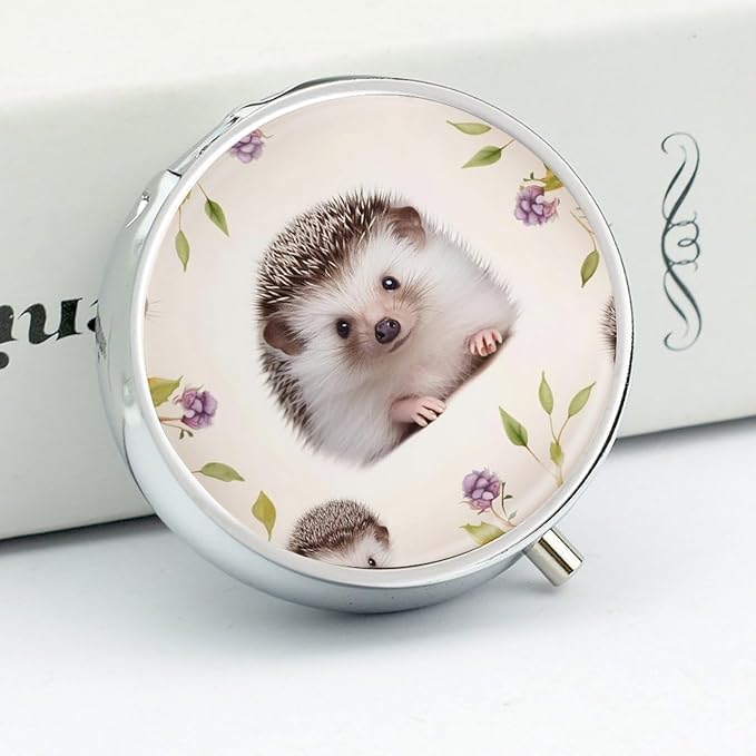 Cute Baby Hedgehog Pill Box Travel Pill Case for Purse Pocket Weekly Medicine Organizer with Mirror 3 Compartment Round Medicine Case Portable PillcaseHolder for Daily
