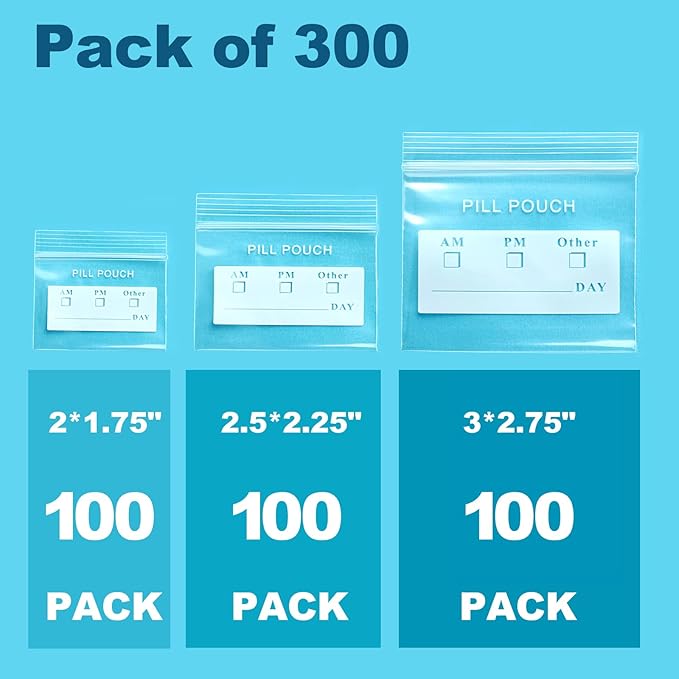 300 Packs Small Pill Bags 6mil Sturdy, 3 Assorted Sizes 2x1.85'', 2.5x2.25'', 3x2.75'' Plastic Bags, Reusable Bags Clear Zip Bags, Pill Pouch Bags for Travel Storage Jewelry and Small Craft Pieces