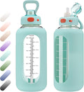 SIEROZUR 42 oz Glass Water Bottle with Straw and Handle Half Gallon Large Water Bottle with Silicone Sleeve and Time Marker Sports Water Jug Wide Mouth for Travel Gym