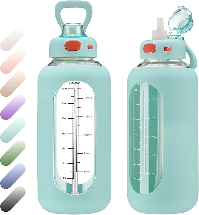 SIEROZUR 42 oz Glass Water Bottle with Straw and Handle Half Gallon Large Water Bottle with Silicone Sleeve and Time Marker Sports Water Jug Wide Mouth for Travel Gym