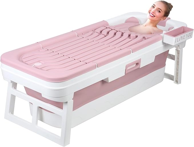 Portable Bathtub, 58/56/50/46 Inch Collapsible Bathtub, Freestanding Foldable for Adults, Folding Tub for Shower, Hot Bath, Ice Bath (Pink-A-150cm)