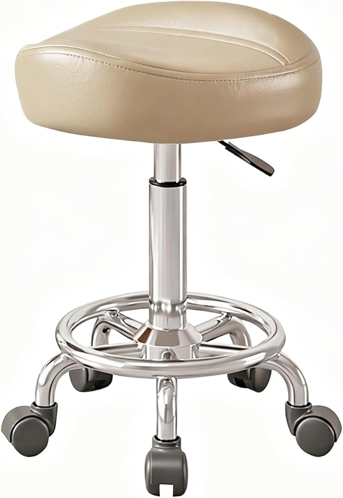 Saddle Stool, Adjustable Height Ergonomic Swivel Chair with Wheels, PU Leather Saddle Seat with Ring Pedal for Salon, Massage, Clinic, Lab, and Office