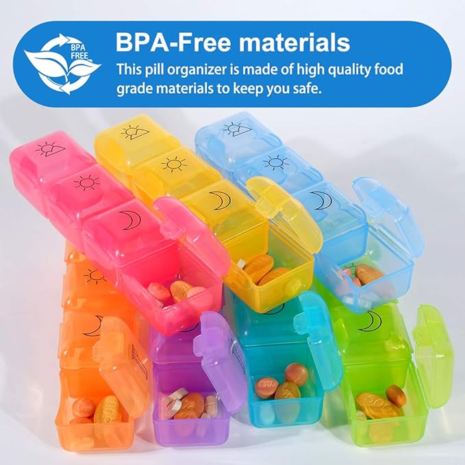 Weekly Pill Organizer Box Case Travel Medication Reminder Daily AM PM, Day Night 7 Open Lid Compartments in Leather Carrying Case