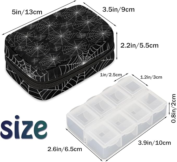 Spider Web Halloween Pill Case Bag with Zipper Small Travel Pill Box with 7 Day Removable Plastic Medicine Organizer Fashion Portable Weekly Pill Container Bag for Medicine, Vitamin, Supplement