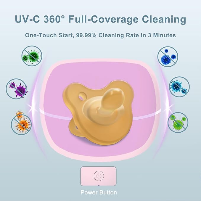Upgraded Portable Pacifier Sanitizer, UV Light Sanitizer Box, 99.99% Cleaned in 3 Minutes, 90 Disinfection Cycles, USB Rechargeable, Baby Pacifier Sanitizer On the Go (Large Pink)