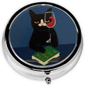Metal Silver 3 Compartment Pill Box Pocket Portable Mini Travel Pill Case Small Round Decorative Medicine Box Vitamin Pill Organizer with Red Wine Black Cat