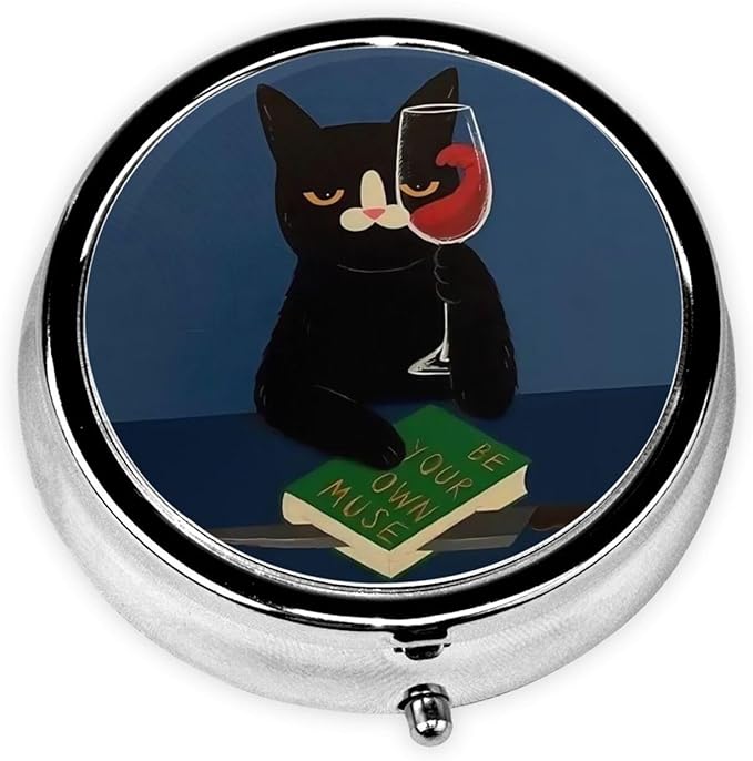 Metal Silver 3 Compartment Pill Box Pocket Portable Mini Travel Pill Case Small Round Decorative Medicine Box Vitamin Pill Organizer with Red Wine Black Cat
