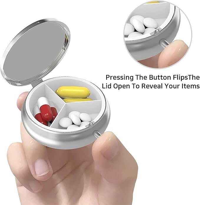 Small Pill Box with Mirror Mandala 3 Compartment Pill Holder for Purse or Pocket Bronze Portable Medicine Vitamin Container Fish Oil and Supplement Storage BPA-Free(Deep Blue Shimmer)