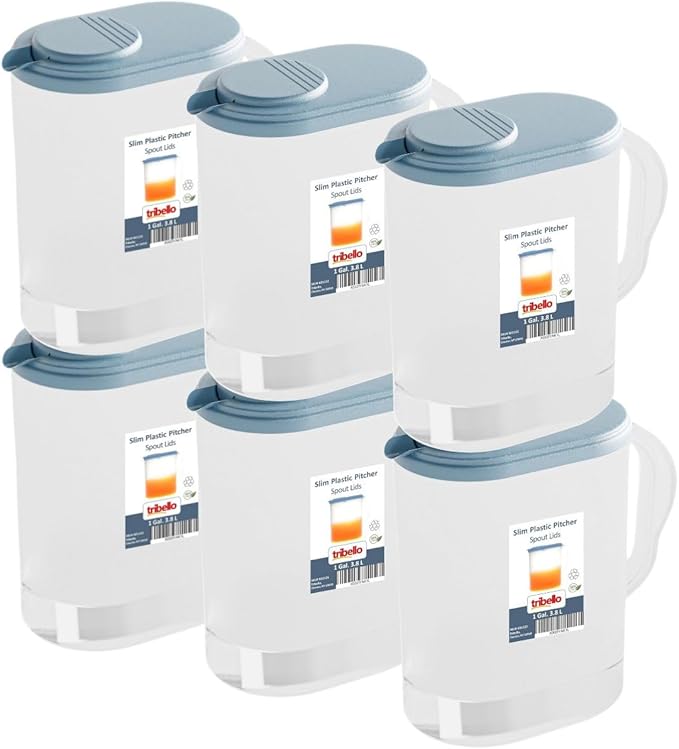 Tribello Pitcher with Lid 1 Gallon, Slim Clear Plastic Water Pitcher with Pivot-top Spout Lids, Iced Tea Pitcher for Fridge, Freezer/Dishwasher Safe, and BPA/Phthalate Free - Bulk (6 Pack)