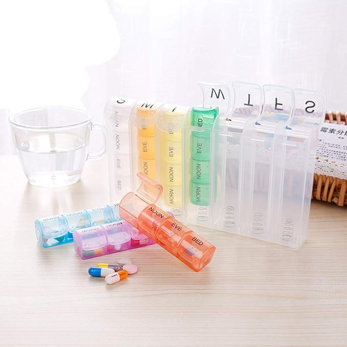 Travel Pill Organizer Weekly Pill Planner for Pill and Vitamin Each Week, 4 Times a Day Medication Reminder, Easy to Read Monday to Sunday, AM PM Small Compartment for Purse