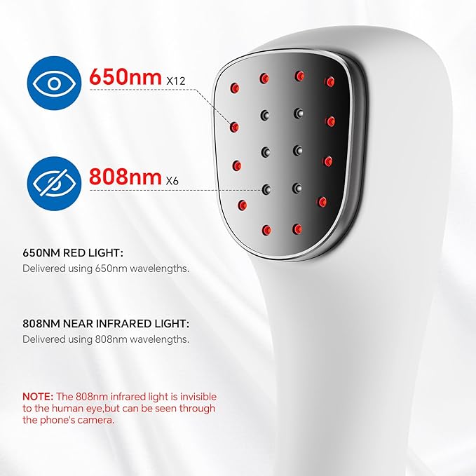 Red Light Therapy Device for Body Pain ReIief with Stand, 6x808nm+12x650nm Handheld Near Infrared Light Therapy with PW Pulsed Wave Model for Human Body Joint Back Knee Muscle