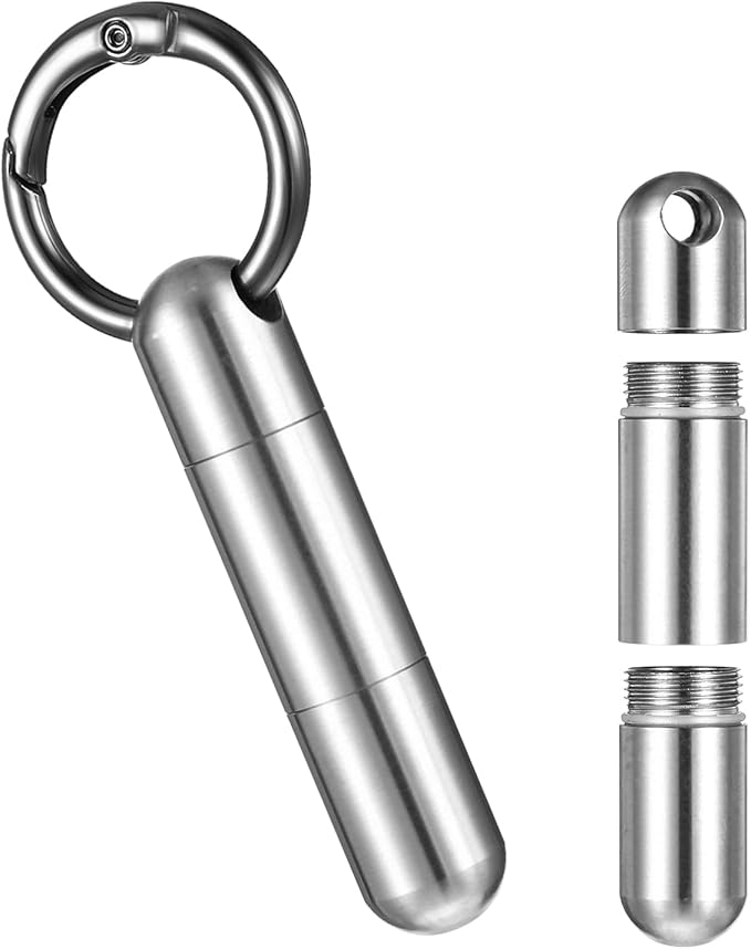 Small Keychain Pill Holder Stainless Steel Waterproof Container Tiny Portable Pill Case Organizer for Travel Purse Pocket Mental Box with Keyring for Outdoor Camping(2 Compartment)