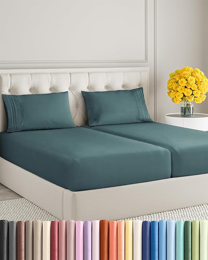 Split King Size 5 Piece Sheet Set - Extra Soft, Breathable & Cooling - Hotel Luxury Durable Bed Sheets - Deep Pockets, Easy-Fit & Wrinkle-Free - Deep Teal Oeko-Tex