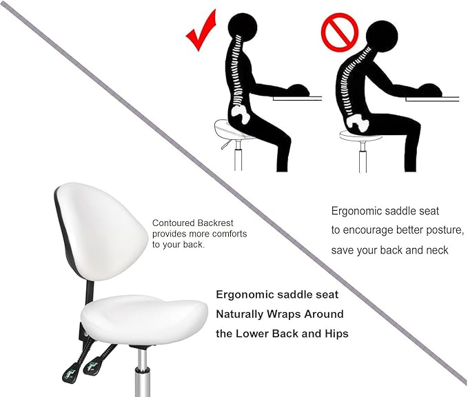 Kaleurrier Ergonomic Rolling Swivel Saddle Stool with Wheels - Hydraulic Lifting Height Adjustable Saddle Chair for Clinic Hair Salon Lab Kitchen Office Drafting Chairs (White, with Back)