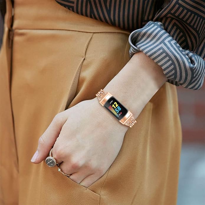 Chic Cute Bling Bands Compatible with Fitbit Charge 6/Charge 5 Fitness & Health Tracker,Rhinestone Dressy Bracelet Stainless Steel Metal Replacement Strap Wristbands Jewelry Strap Women (RoseGold)