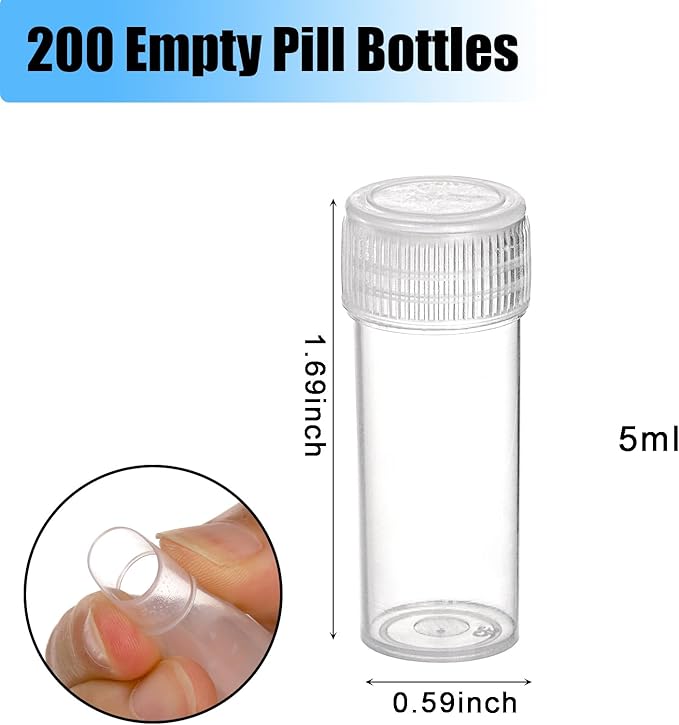 SOUJOY 200 Pieces Small Pill Bottle, 5ml Plastic Sample Bottle, Empty Prescription Medicine Vial Container with Cap, Clear Tiny Travel Tubes for Storage Portable Lab