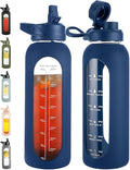CIVAGO 40 oz Glass Water Bottle with Straw and Handle, Large Sports Motivational Water Bottle Flask with Time Marker and 2 Lids, Leakproof Water Jug Canteen with Silicone Sleeve for Gym,Navy