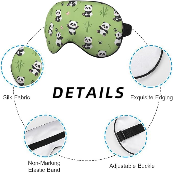 Funny Panda Silk Eye Mask Sleep Mask Cute Pandas Pandas Bamboo Butterfly Cartoon Green Eye Mask with Adjustable Strap Lightweight for Women Work Travel Night Sleep