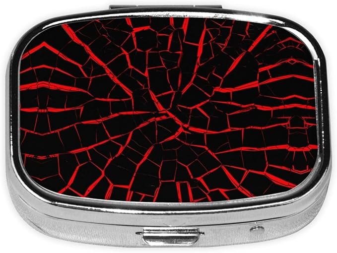 Cracks Red Black Print Square Metal Pill Box with 2 Compartment for Pocket or Purse Travel Bag Small Size 2.2 inche