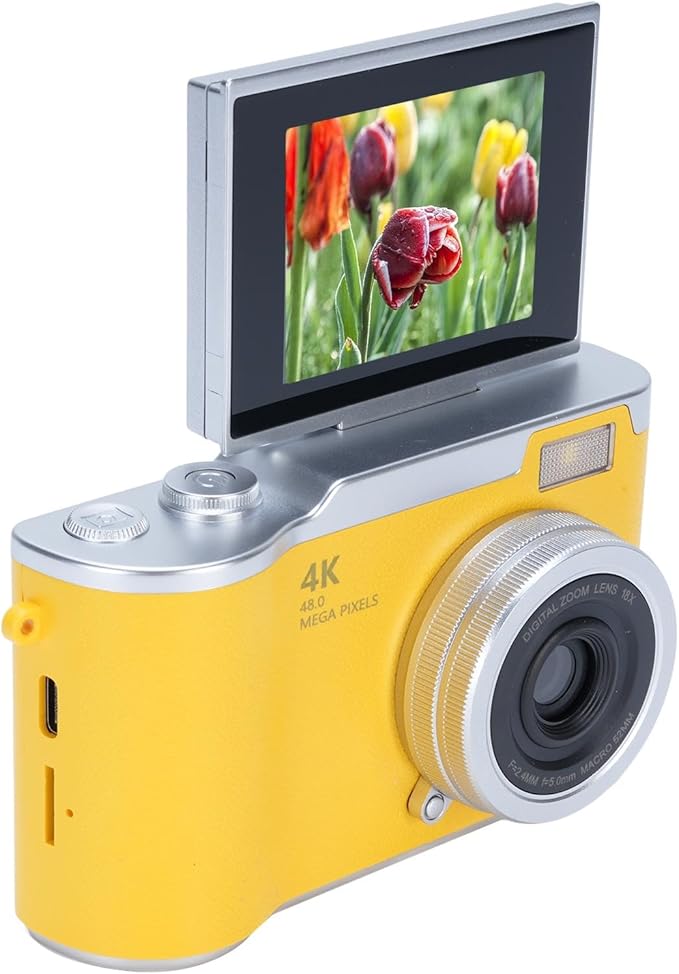 48MP Digital Camera, 1080P Video Camera, 8X Zoom, 2.4 Inch HD Flip Screen, LED Fill Light, Long Battery Life, with Multiple Functions for Entertaining Photography (Yellow)