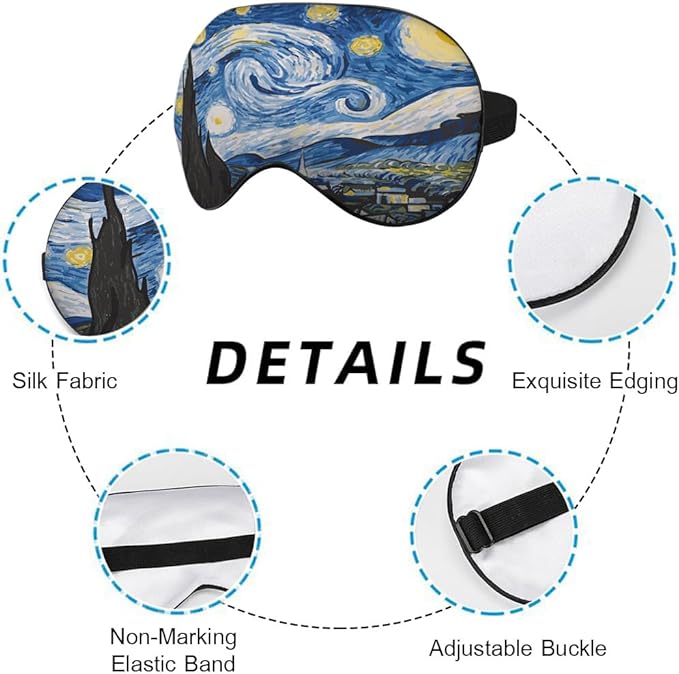 Starry Sky Sleep Eye Mask Eye Cover Van Gogh Night Sky Moon Tree Village Silk Eye Mask for Sleeping with Adjustable Strap for Travel Nap Shift Work Office
