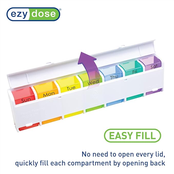 EZY DOSE Ezy Fill (14-Day) Pill Organizer, Weekly Removable Trays with Flip-Open Daily Compartments for Easy Refill, 2 Times a Day Medicine Planner, Vitamin Organizer Box, Rainbow, BPA Free