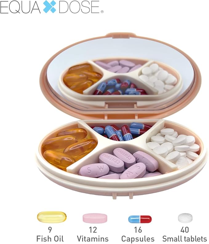 EQUADOSE Oval Compact Pill Case, Portable Organizer with Mirror, Travel Medication Holder with Removable Divider, Small Storage Case for Pills, Vitamins, Earbuds, Jewelry & Daily Essentials, Peach