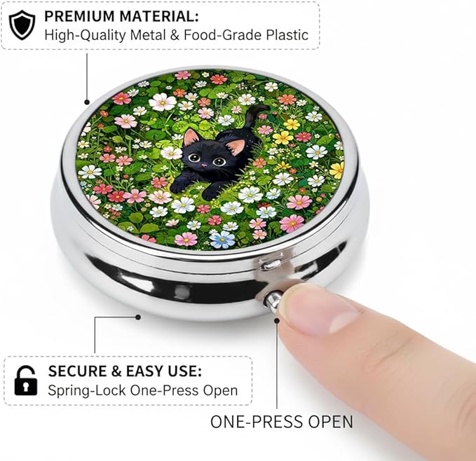 Garden Cat Pill Box 3 Compartment Small Pill Case,Portable for Pocket or Purse Pill Organizer Pill Container Holder with Mirror to Hold Vitamins, Medication, Fish Oil and Supplements