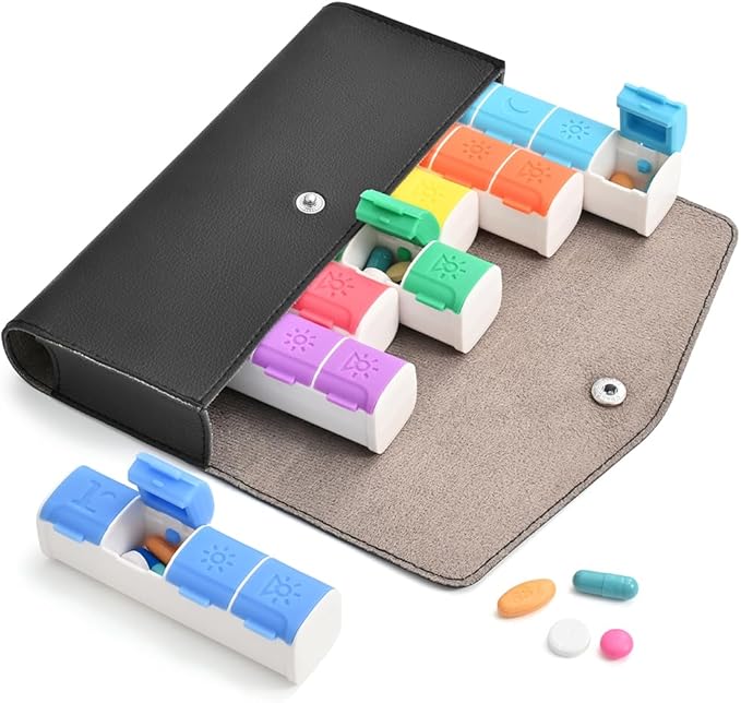 Weekly Pill Organizer, 7-Day Medicine Box, 2-3-4 Times Daily, Black Leather Travel Case (4 Compartment)
