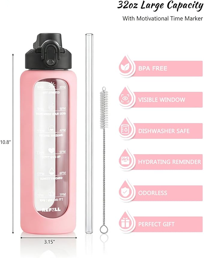 Nefeeko 32 oz Glass Water Bottles with Straw, Motivational Time Marker, 1 Liter BPA FREE Leakproof Reusable Glass Water Bottle with Silicone Sleeve, Bamboo Lid, Spout Lid