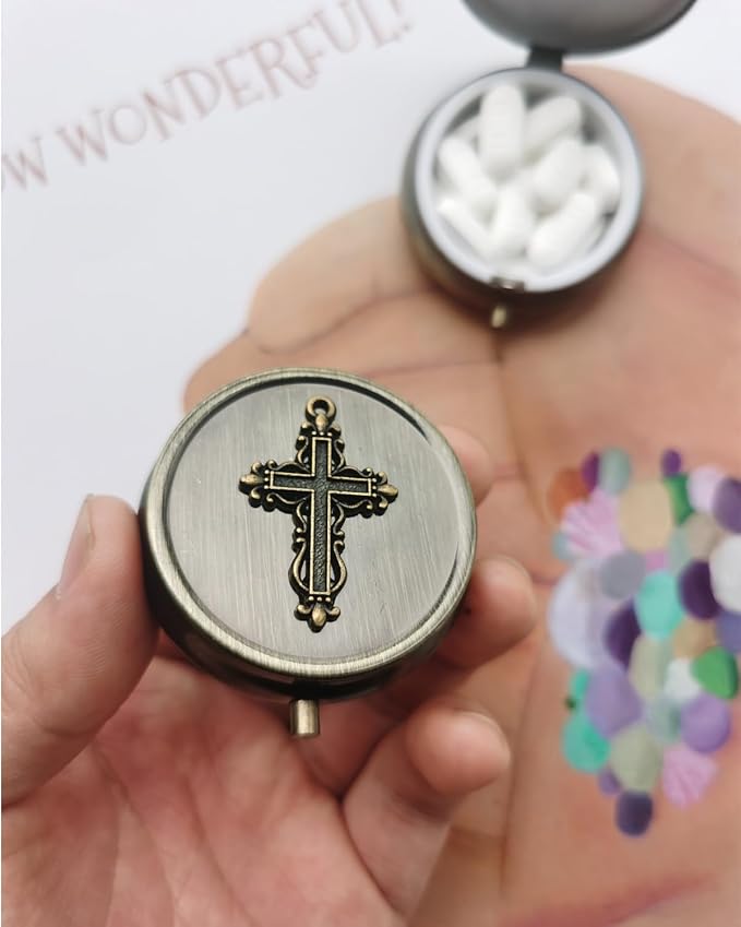 Portable Travel Pill Organizer - Gift Box Package Pill Case, Bronze Decorative Metal Medicine Box Pill Holder, Small Pocket Pill Case for Purse, Storage Vitamin Or Medicine, Pill Dispenser