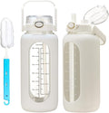 42oz/52oz/64oz Glass Water Bolttles with Straw Half Gallon Large Motivational Water Bottle with Time Marker Sports Water Bottles with Silicone Sleeve and Handle Lid Water Jug for Gym Workout