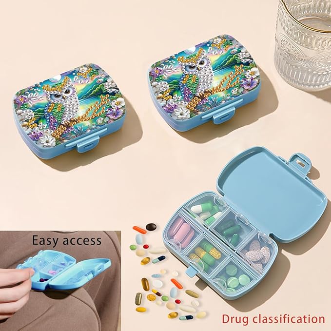 C'eitura DIY Owl Diamond Art Painting Blue Pill Organizer with 6 Lid Detachable Compartments, Fun DIY Craft Project for Adults, Elegant Pill Case for Purse & Travel