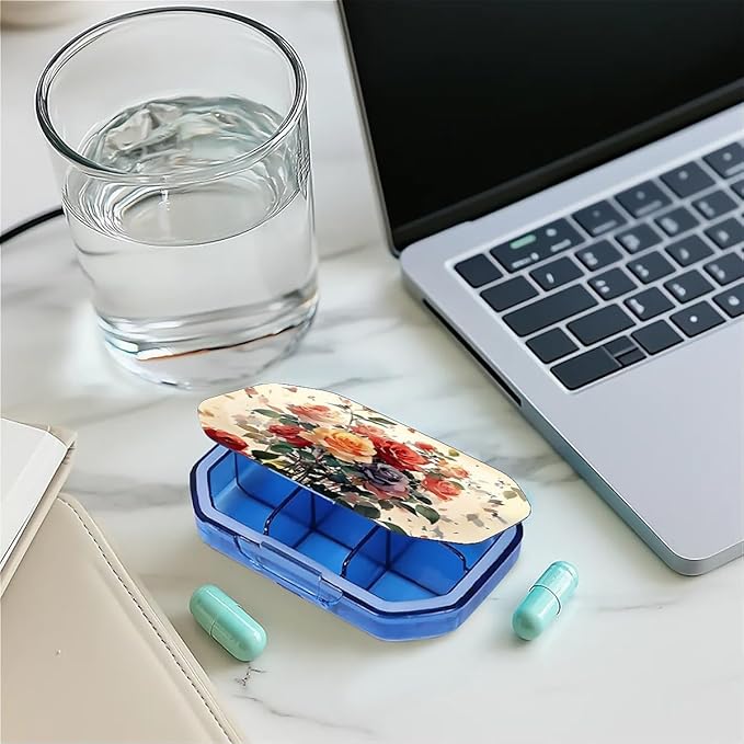 This Portable Watercolor Rose Pattern 6-Compartment Pillbox Can Be Placed in A Pocket Or Wallet to Store Vitamins, Medicines Fish Oil Health Supplements Other Medications.