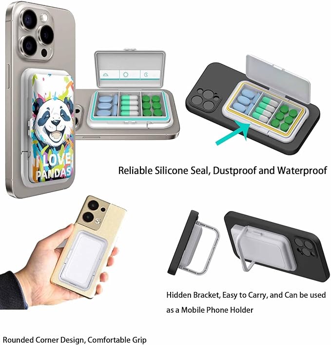 Pill Organizer Discreet for Phone - Portable Small Compact Pill Box with Bracket Cute Pill Organizer Easy Open Waterproof Pill Case for Travel Outdoor Camping(B)