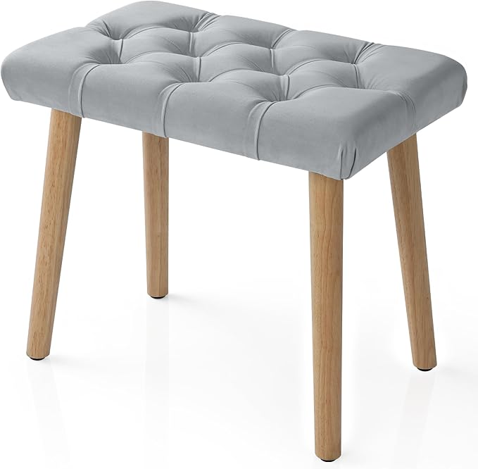 AKLOT Velvet Upholstered Piano Bench: Rubberwood Legs with 300-Pound Load Capacity, Ergonomically Set Seat Height, Easy Assembly, Purpose Keyboard Stool for Vanity, Bedroom and Living Room (Gray)