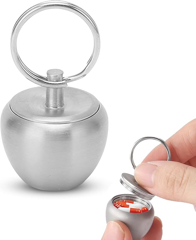 Small Pill Box Keychain Pill Container Stainless Steel Mini Apple-Shaped Pill Case, Waterproof Metal Pill Organizer for Travel, Camping and Outdoor