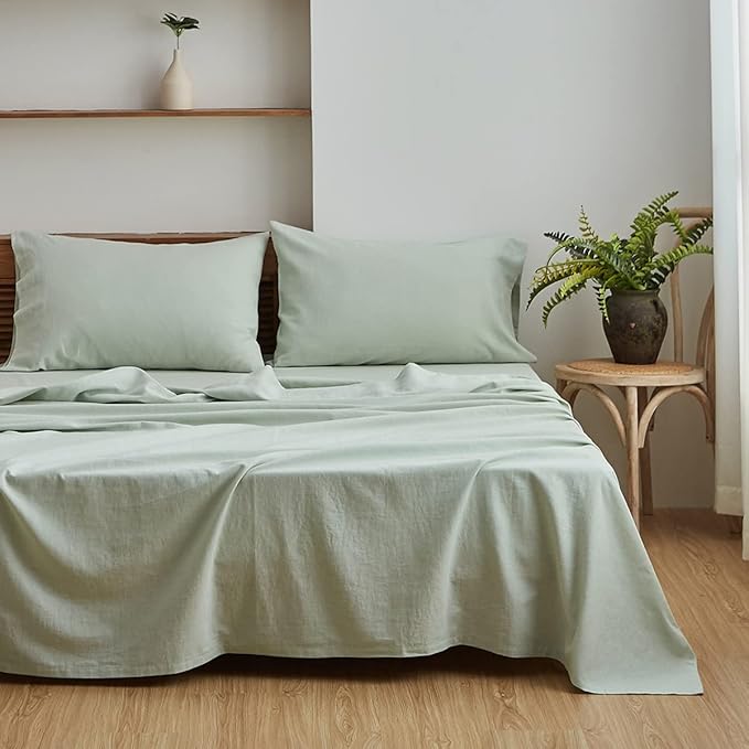 Simple&Opulence Belgian Linen Sheet Set Solid Color - 4 Pieces (1 Flat Sheet, 1 Fitted Sheet & 2 Pillowcases) Natural Flax Cotton Blend Soft Breathable Farmhouse Bedding - Full Size, Mint Green