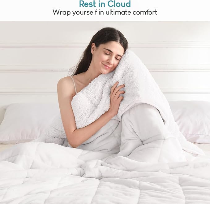 Cottonblue Weighted Blanket 15 lbs 60x80 inches, Queen Size Flannel and Shaggy Sherpa Warm Heavy Blanket, Great for Calming and Relax, Fluffy Soft Bedding Blanket, Snow White