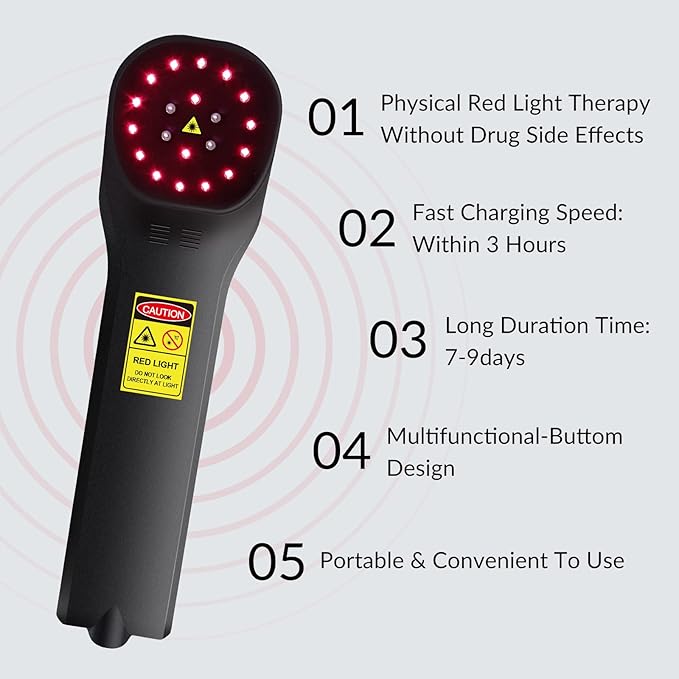 Red Light Therapy Device - 4x808nm+16x650nm Near Infrared Light Therapy for Joint Muscle Pain Relief, Handheld Infrared Therapy for Body, Knee, Shoulder, Back, Dog, Cat, Black