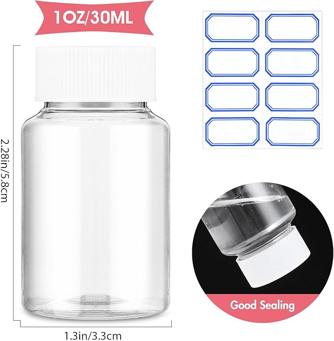 4Pcs Clear Pill Bottles, Empty Plastic Medicine Bottles, Reagent Bottle with Caps, Small Travel Pill Case, Chemical Containers for Liquid Solid Powder (30ML)