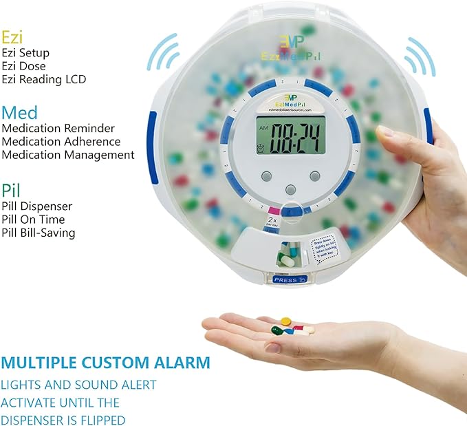 EziMedPil Bluetooth Pill Dispenser w/Sound & Light & App Alert, up to 9 Alarms/Day, Easy Setup on SmartLife, Frosted Lid & Locked 28-Day Medication Dispenser for Protecting Pills Privacy