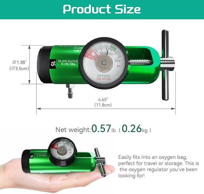 Oxygen Regulator for Oxygen Cylinder CGA870 Connection, Adjustable Flow 0-15 LPM, Portable Oxygen Tank Regulator Brass Sleeve Design (6)