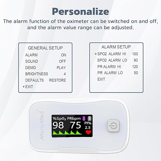 MOMMED Pulse Oximeter, Blood Oxygen Saturation Monitor (SpO2) with Clear Display, Pulse Rate (PR) Perfusion Index (PI) Finger Oximeter, Accurate Oxygen Saturation Meter for Fitness, Sports or Aviation
